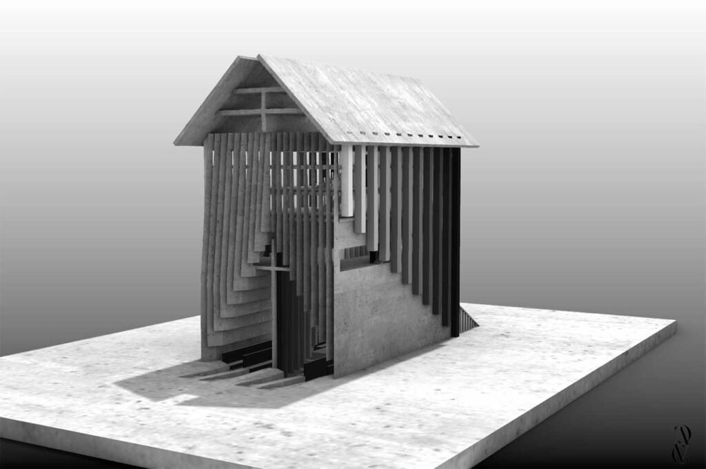 Projet architectural ARC de Victor Chaplais, inspiré par Hans Hollein, explorant des espaces modulables pour l'humain